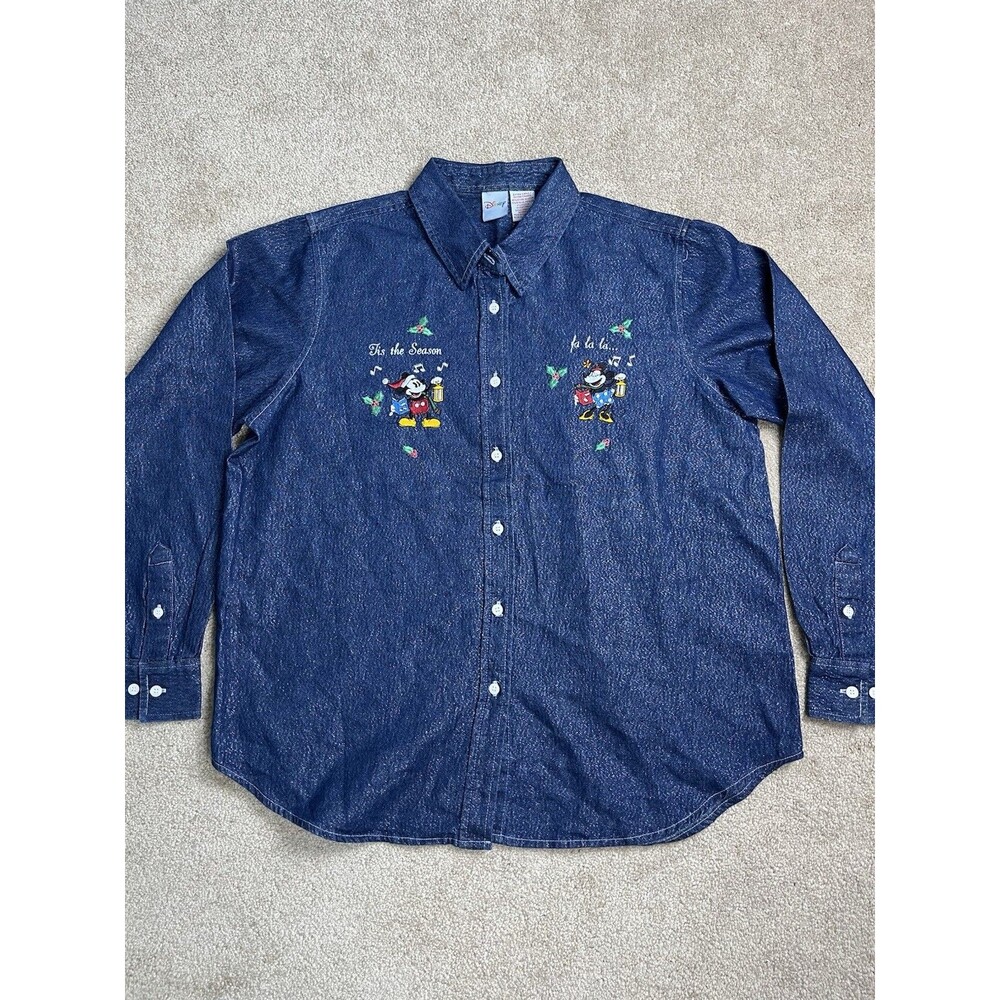 NWOT Disney‎ Womens Sz XL Denim Shirt Mickey, Minnie Tis The Season Xmas Glitter